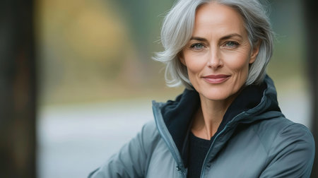 Confident and Attractive Older Woman Embracing Outdoor Lifestyle on a Beautiful Autumn Day in Parkの素材