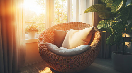 Cozy Wicker Chair Bathed in Sunlight, Surrounded by Lush Green Plants for a Serene Home Atmosphereの素材