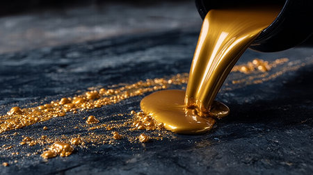 Lush Gold Luxury Cascade with Iridescent Flowing Gloss and Gleaming Splatter on Textured Surfaceの素材