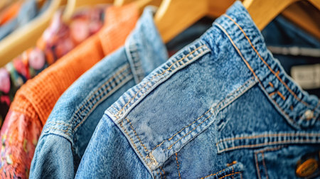 Colorful Garments Hanging in a Retro Style Store, Close-Up on Textures and Styles for Shoppingの素材