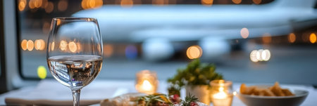Elegant Dining Experience with Exquisite Cuisine and Fine Wine Overlooking a Stunning Airport Viewの素材