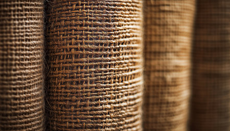 Detailed Closeup of Rustic Woven Jute Fiber Fabric Texture, Natural Brown Textile Material Surfaceの素材