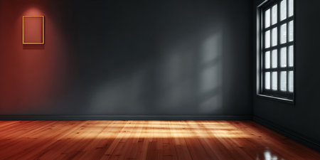 A Bright and Serene Minimalist Interior with Dark Gray Wall, Wooden Floor, and Spotlight Art Frameの素材