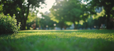Lush Garden Park Scenic Meadow with Vibrant Flowers Underneath Serene Treetops in Summer Blissの素材