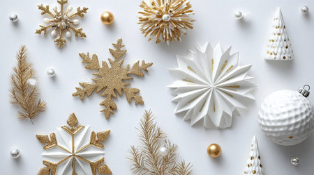 Charming Christmas Flat Lay with Golden and White Decorations, Ornaments, and Snowflakes on Whiteの素材