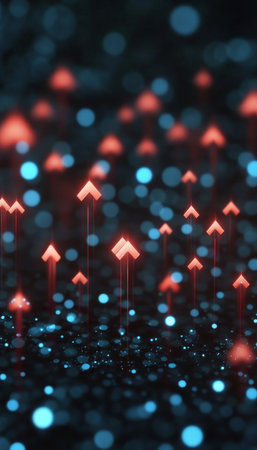 Futuristic Digital Advancement Concept with Upward Red Arrows and Dynamic Shapes in a Vibrant Styleの素材