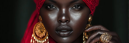 Stunning Portrait of an Elegant African Woman in a Red Turban with Luxurious Gold Jewelry, Beautyの素材