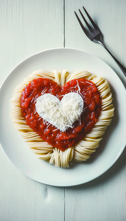 Heart Shaped Pasta Dish with Romantic Sauce Accents on Rustic White Surface for Culinary Artistryの素材