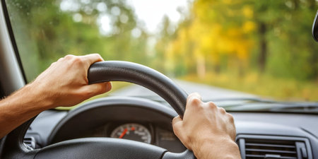 Driver Enjoying a Scenic Autumn Road Trip with a Winding Road Surrounded by Colorful Foliageの素材