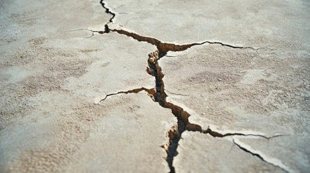Cracked Ground Surface Depicting Drought Effects, Soil Damage, and Land Desertification Issuesの素材