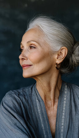 Elegant grey haired woman in tranquil reflection, embracing her aging journey with grace and poise.の素材