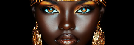 Ethereal Beauty Black Woman with Golden Accessories and Glamorous Makeup on Black Backdropの素材