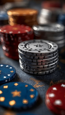 Exciting Game Night with Colorful Stacks of Casino Poker Chips Close Up on a Blur Tabletop Surfaceの素材