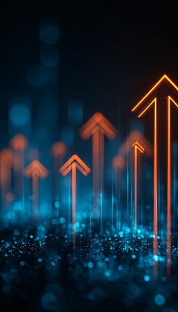 Dynamic Growth Concept with Abstract Upward Pointing Arrows in Digital Space Against Blue Backgroundの素材