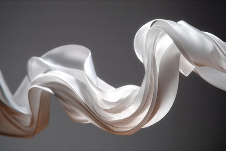 Elegant Satin Cloth Flowing Gracefully, Showcasing Soft Light and Shadows, Luxurious White Textureの素材