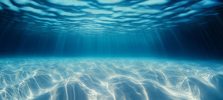 Sunlight Filters Through Teal Undersea Realms Reflecting on Ocean Floor s Sandy Substratumの素材