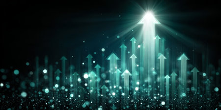 Abstract Green Glowing Arrows Rising Upward Symbolizing Progress and Success Towards the Futureの素材