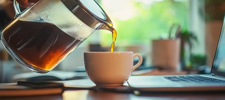 Morning Rituals A Person Enjoying a Steaming Hot Cup of Freshly Roasted Coffee at Workの素材