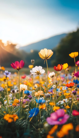 Lush Green Meadow Under a Bright Blue Sky A Symphony of Colorful Wildflowers in Full Bloomの素材