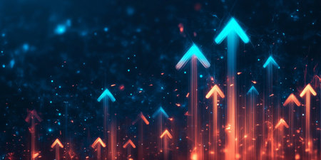 Dynamic Arrows Indicating Success and Financial Growth on a Bright Futuristic Digital Backgroundの素材