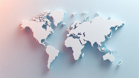Detailed 3D Map of World Continents, White Relief on Soft Pastel Background, Earth Viewの素材