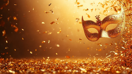 Venetian Carnival Mask with Golden Confetti and Sparkles for Glamorous Celebration Backgroundの素材