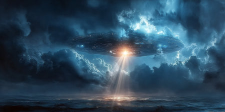 Mysterious spacecraft hovers in tempest over deep oceans, illuminating waters with a bright beam.の素材