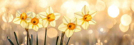 Golden Daffodils Dance in the Sunny Meadow, Embracing the Warmth of Spring s Awakening Lightの素材
