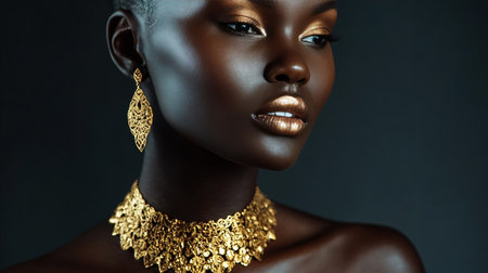 Stunning Portrait of Elegant African American Woman with Golden Eyeshadow and Gold Accessoriesの素材
