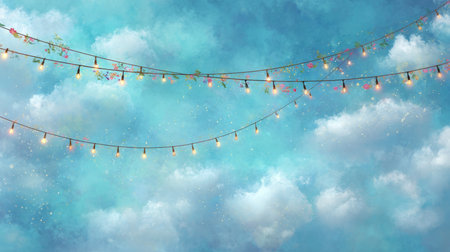 Dreamy Night Sky Celebration with Twinkling Fairy Lights and Festive Sparkles for a Magical Partyの素材