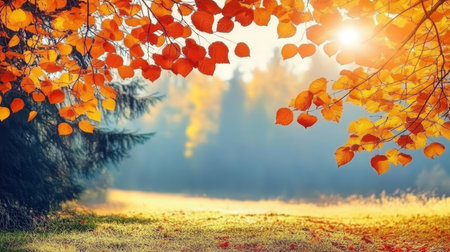 Golden Autumn Splendor Vibrant Fall Leaves in a Scenic Park with Warm Sunshine Glowing Brightの素材