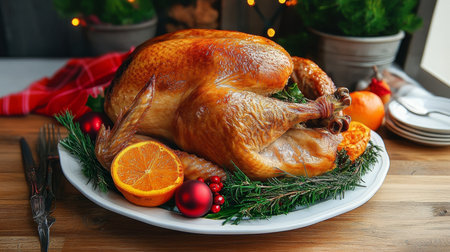 A Festively Prepared Whole Turkey for Christmas Dinner, Garnished with Oranges, Herbs, and Joyの素材