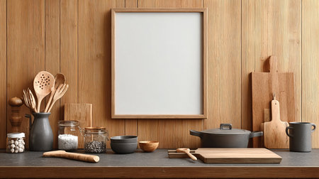 Minimalist Kitchen Setup with Pots, Utensils, Jars, and a Blank Frame Poster Mockup for Decorの素材