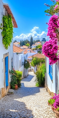 Charming Portuguese Street Scene Featuring Whitewashed Architecture and Bougainvillea in Full Bloomの素材