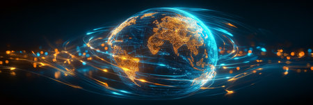 Futuristic Global Network Communication Design with Luminous Orbs and Digital Connectivity Elementsの素材