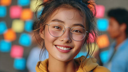 Cheerful Asian Teenage Girl in Classroom Surrounded by Colorful Sticky Notes, Embracing Learningの素材