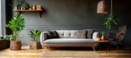 Stylish Japandi Living Room with Gray Sofa, Rattan Accents, and Green Plants for Cozy Serenityの素材