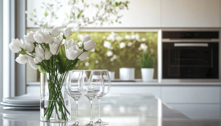 Elegant minimalist kitchen scene featuring white spring tulips in clear glass cups and a modern ovenの素材
