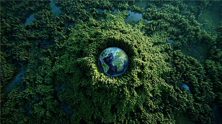 Aerial view of a tranquil forest with a globe, emphasizing sustainability and harmony.の素材