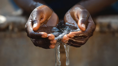 Cupped Hands Hold Clear Water Gushing Forth, A Symbol of Life s Sustaining Abundance and Scarcityの素材
