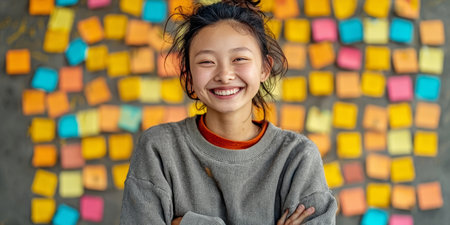 Cheerful Teenage Girl Smiles Before a Colorful Sticky Note Wall in Class, Radiating Positivityの素材