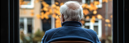 An elderly man gazes forlornly from his window, reflecting on life during lockdown in his care home.の素材