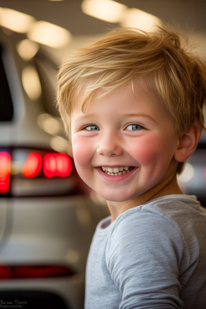 Young boy with an adorable smile in an auto showroom eagerly anticipates a potential purchase.の素材