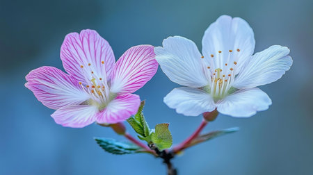 Delicate Cherry Blossom Duo with Vivid Sunlight and Crisp Veins on Soft Blue Background Displayの素材
