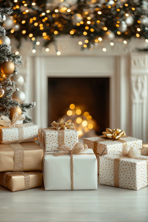 Cozy Scandinavian Christmas Interior with Beautifully Decorated Fireplace and Pile of Presentsの素材