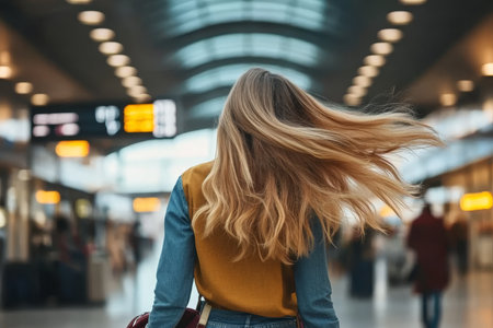 Emotional Female Traveler with Flowing Hair in Overwhelmed Airport Scene Capturing Travel Fatigueの素材