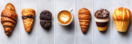 Assorted Freshly Baked Pastries and Specialty Coffee Drinks Perfect for Any Caf or Bakery Settingの素材