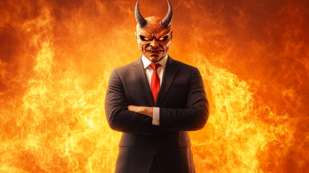 Devil in a Suit, Fiery Persona with Horns, Making Dark Business Deals in a Hellish Atmosphereの素材