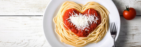 Delicious Heart-Shaped Spaghetti with Rich Tomato Sauce and Freshly Grated Parmesan Cheeseの素材