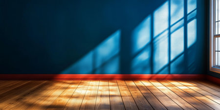 Minimalist Abstract Interior Design with Blue Hues and Gleaming Wood Under Soft Sunshine Warmthの素材